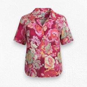 90s Vintage Pink Tropical Silk Button Up Caribbean Joe Camp Shirt Size Medium